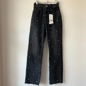 Zara High Rise Straight Cropped Jewel Jeans NWT Size 0 (25)